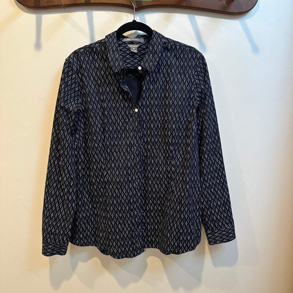 Eddie Bauer Womens TXL Navy White Dash Wrinkle Free Shaped Fit Button Down Shirt